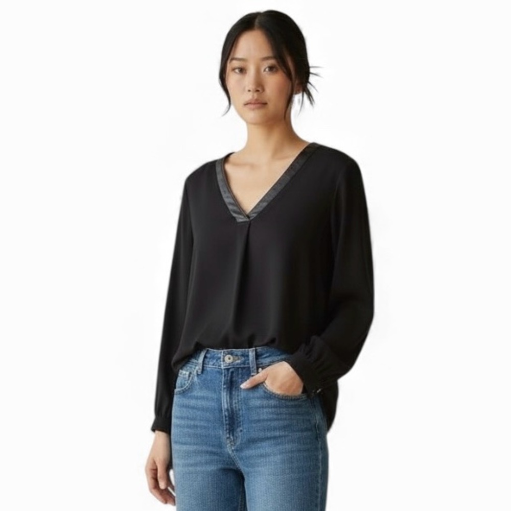 Noel Asmar Sheer V Neck Long Sleeve Blouse Black Size Small